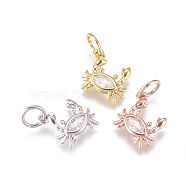 Brass Charms, with Micro Pave Cubic Zirconia and Jump Rings, Crab, Clear, Mixed Color, 9x9x2mm, Hole: 3.5mm(ZIRC-L070-94)