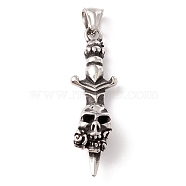 304 Stainless Steel Pendants, Skull, Antique Silver, 52.5x15x10mm, Hole: 8.5x5.5mm(STAS-M299-08AS)