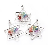 Natural & Synthetic Mixed Gemstone Chakra Big Pendants, with Brass Findings, for Jewish, Star of David, Platinum, 52x43x6mm(G-I212-02A)