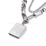 304 Stainless Steel Diffuser Locket Pendant Necklaces, Double Layer Necklaces, with Curb Chains & Figaro Chains, Book with Tree of Life, Stainless Steel Color, 18.19 inch(46.2cm)(NJEW-M181-02P)