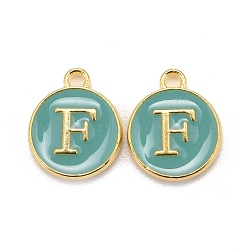 Golden Plated Alloy Enamel Charms, Cadmium Free & Lead Free, Enamelled Sequins, Flat Round with Letter, Turquoise, Letter.F, 14x12x2mm, Hole: 1.5mm(X-ENAM-S118-05F)