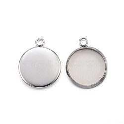 304 Stainless Steel Pendant Cabochon Settings, Plain Edge Bezel Cups, Flat Round, Stainless Steel Color, Tray: 12mm, 17x14x2mm, Hole: 2mm(STAS-F143-18P)