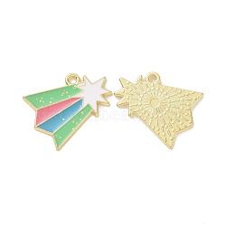 Christmas Theme Rack Plating Alloy Enamel Pendants, with Glitter Powder, Light Gold Tone Meteor Charms, Light Green, 23x18x1.5mm, Hole: 1.8mm(PALLOY-O109-21LG)