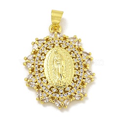 Virgin Mary Theme Rack Plating Brass Micro Pave Cubic Zirconia Pendants, Long-Lasting Plated, Cadmium Free & Lead Free, Real 18K Gold Plated, Flower, 26.5x21x3.5mm, Hole: 4.5x3.5mm(KK-C074-23G-02)