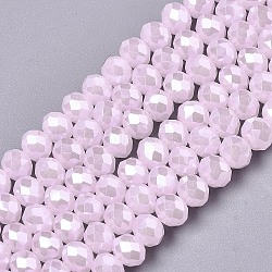 Electroplate Glass Beads Strands, Imitation Jade Beads, Pearl Luster Plated, Faceted, Rondelle, Pink, 3.5x3mm, Hole: 0.4mm, about 123~127pcs/strand, 13.7~14.1 inch(35~36cm)(EGLA-A034-J3mm-A03)
