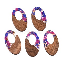 Transparent Resin and Walnut Wood Pendants, Hollow Oval Charms with Gold Foil, Mauve, 49.5x28x4mm, Hole: 2mm, (RESI-T057-02G)