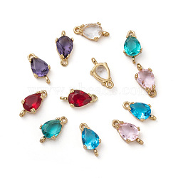 Transparent Glass Links connectors, for Jewelry DIY Craft Making, with Brass Findings, Faceted, Teardrop, Light Gold, Mixed Color, 13x7x3.5mm, Hole: 1.2mm(GLAA-T007-18-M)