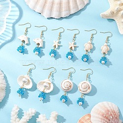 5Pair Shell Glass Dangle Earrings, Golden, Mixed Shapes, 51.5~63.5x14~26mm(EJEW-MZ00424)