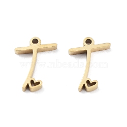 304 Stainless Steel Charms, Laser Cut, Real 14K Gold Plated, Letter T, 11x8x1.5mm, Hole: 1mm(STAS-M327-02G-T)