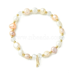Charm Bracelets, with Natural Cultured Freshwater Pearl Beads, Glass Beads, Brass Round Spacer Beads and Brass Pendants, Whale Tail Shape, with Burlap Bags, Seashell Color, 2-1/8 inch(5.3cm)(BJEW-JB04925-07)