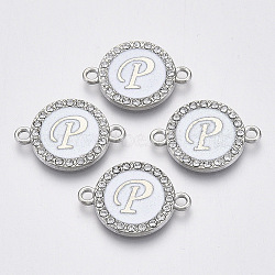 Alloy Enamel Links Connectors, with Crystal Rhinestones, Flat Round with Letter, Silver Color Plated, Letter.P, 22x16x2mm, Hole: 1.8mm(ENAM-TAC0003-01S-04P)