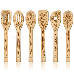 6Pcs Bamboo Spoons & Knifes & Forks, Flatware for Dessert, Flower, 60x300mm, 6 style, 1pc/style, 6pcs/set(AJEW-WH0411-023)