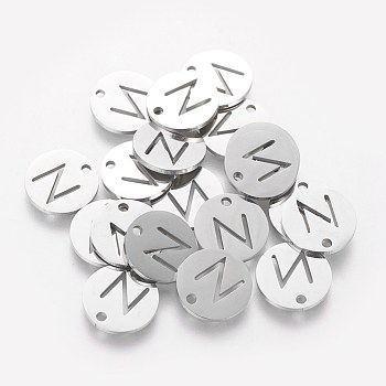 201 Stainless Steel Charms, Flat Round with Letter, Stainless Steel Color, Letter.N, 12x1mm, Hole: 1.5mm