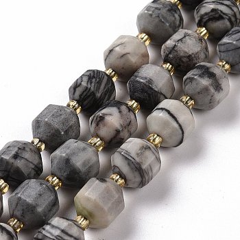 Natural Black Silk Stone/Netstone Beads Strands, with Seed Beads, Faceted Bicone Barrel Drum, 9~10mm, Hole: 1.2mm, about 29~32pcs/strand, 14.45~14.84 inch(36.7~37.7cm)