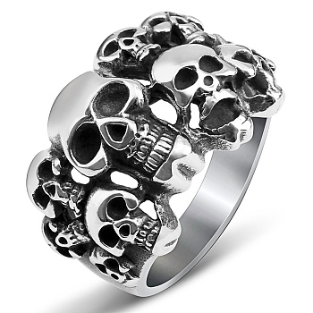Steam Punk Style Titanium Steel Multi-Skull Finger Rings, Hollow Wide Rings for Men, Stainless Steel Color, US Size 14(23mm)