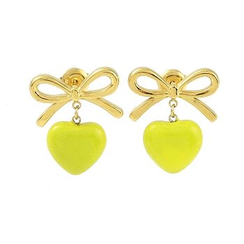 Bowknot 304 Stainless Steel Studs Earrings, Heart Enamel Dangle Earrings for Women, Yellow, 22x19mm