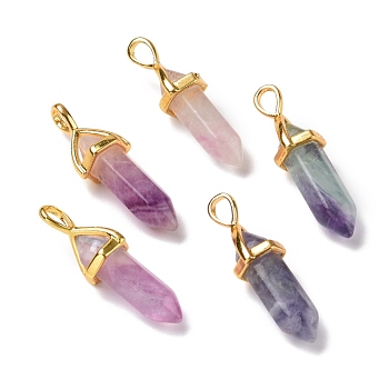 Natural Colorful Fluorite Pendants, Faceted, with Golden Tone Brass Findings, Lead free & Cadmium Free, Bullet, 27~30x9~10x7~8mm, Hole: 4x3mm