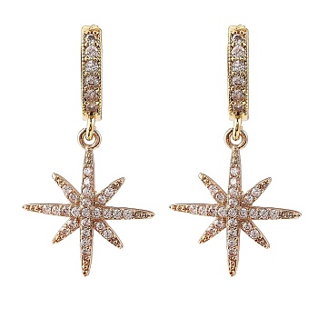 Clear Cubic Zirconia Starburst Dangle Huggie Hoop Earrings, Brass Jewelry for Women, Golden, 35mm, Pin: 0.9mm