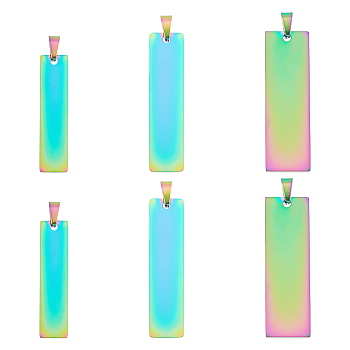 Unicraftale 6Pcs 3 Size PVD Vacuum Plating 304 Stainless Steel Pendants, Laser Cut, Stamping Blank Tag, Rectangle, Rainbow Color, 2pcs/size