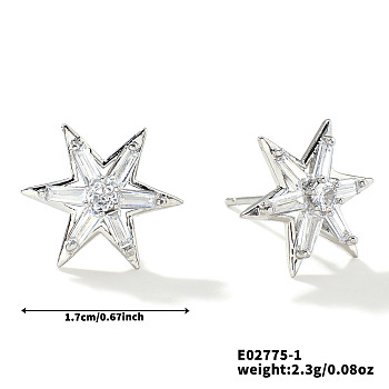 Cute and Delicate Brass Clear Cubic Zirconia Stud Earrings for Elegant Women, Silver, Star, 17mm