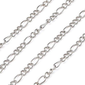 Iron Handmade Chains Figaro Chains Mother-Son Chains, Unwelded, Platinum Color, with Spool, Mother Link:3x7mm, 1mm thick, Son Link:2.5x4mm, 0.63mm thick, about 328.08 Feet(100m)/roll