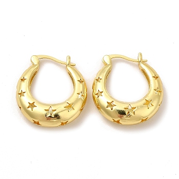 Rack Plating Brass Star Hoop Earrings for Women, Lead Free & Cadmium Free, Real 18K Gold Plated, 24x22x6.5mm, Pin: 0.6mm