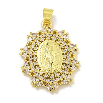 Virgin Mary Theme Rack Plating Brass Micro Pave Cubic Zirconia Pendants, Long-Lasting Plated, Cadmium Free & Lead Free, Real 18K Gold Plated, Flower, 26.5x21x3.5mm, Hole: 4.5x3.5mm