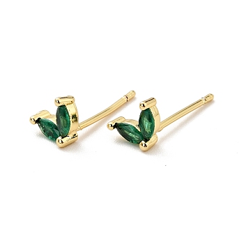 Cubic Zirconia Oval Stud Earrings, Real 18K Gold Plated Brass Jewelry for Women, Cadmium Free & Nickel Free & Lead Free, Green, 4.5x6.5mm, Pin: 0.7mm