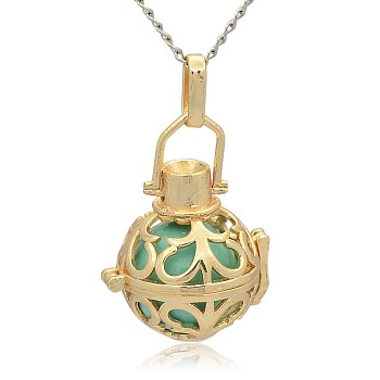 Golden Tone Brass Hollow Round Cage Pendants, with No Hole Spray Painted Brass Round Beads, Medium Turquoise, 33x24x21mm, Hole: 3x8mm