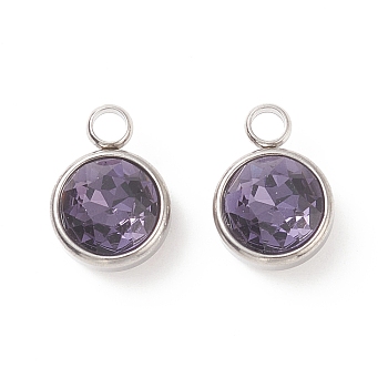 304 Stainless Steel Glass Rhinestone Charms, Faceted, Flat Round, Indigo, 14x10x7mm, Hole: 2.5mm