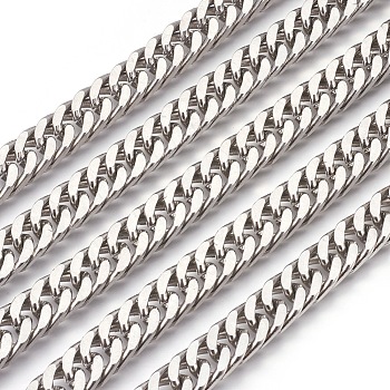 201 Stainless Steel Cuban Link Chains, Chunky Curb Chains, Unwelded, Stainless Steel Color, 9mm, 13x9x4mm