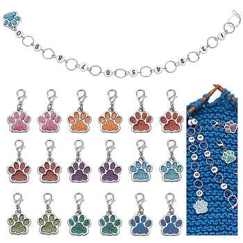 Knitting Row Counter Chains & Locking Stitch Markers Kits, with Dog Paw Print Alloy Enamel Glitter Powder Pendant and Acrylic Beads, Mixed Color, 3~23.9cm, 19pcs/set