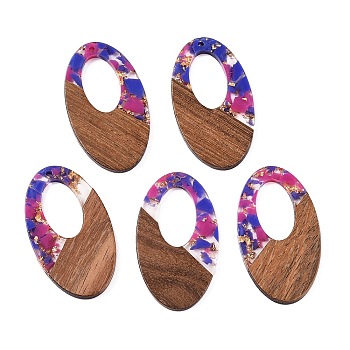 Transparent Resin and Walnut Wood Pendants, Hollow Oval Charms with Gold Foil, Mauve, 49.5x28x4mm, Hole: 2mm, 