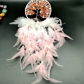 Woven Net/Web with Feather Art Pendant Decorations, with Natural Rose Quartz Chip, Plastic Bead, Pink, 650mm
