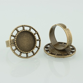 Vintage Adjustable Iron Finger Ring Components Alloy Cabochon Bezel Settings, Nickel Free, Antique Bronze, Flat Round Tray: 14mm, 17mm
