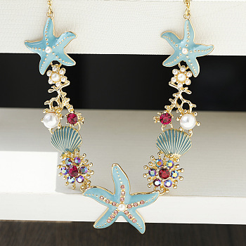 Summer Beach Alloy Enamel & Rhinestone Bib Necklaces, Starfish & Flower Necklaces with Plastic Imitation Pearls for Women, Sky Blue, Golden, 20.94 inch(53.2cm)