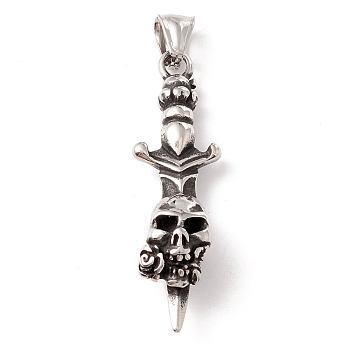 304 Stainless Steel Pendants, Skull, Antique Silver, 52.5x15x10mm, Hole: 8.5x5.5mm