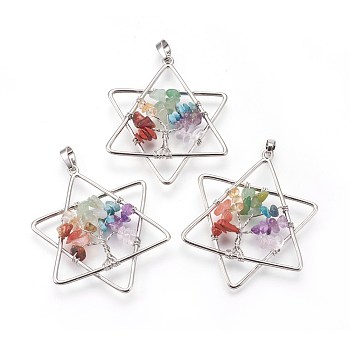 Natural & Synthetic Mixed Gemstone Chakra Big Pendants, with Brass Findings, for Jewish, Star of David, Platinum, 52x43x6mm