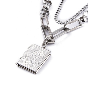 304 Stainless Steel Diffuser Locket Pendant Necklaces, Double Layer Necklaces, with Curb Chains & Figaro Chains, Book with Tree of Life, Stainless Steel Color, 18.19 inch(46.2cm)