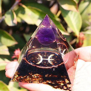 Orgonite Pyramid Resin Energy Generators, Reiki Natural Amethyst & Obsidian Chips Inside for Home Office Desk Decoration, Pisces, 50x50x50mm