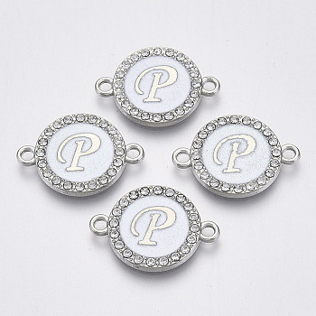 Alloy Enamel Links Connectors, with Crystal Rhinestones, Flat Round with Letter, Silver Color Plated, Letter.P, 22x16x2mm, Hole: 1.8mm