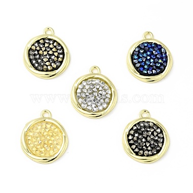 Light Gold Flat Round Brass+Rhinestone Pendants