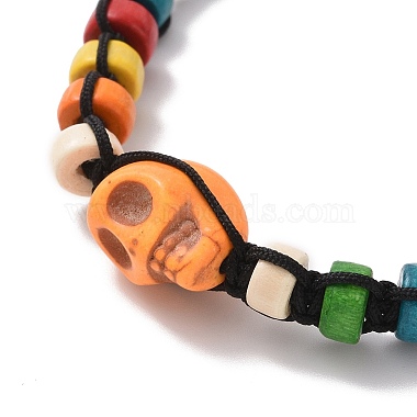 Synthetic Turquoise Skull & Wood Disc Braided Bead Bracelet for Halloween(BJEW-TA00260)-6
