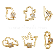 Brass Micro Pave Clear Cubic Zirconia Screw Carabiner Lock Charms, for Necklaces Making, Long-Lasting Plated, Mixed Shapes, Real 18K Gold Plated, 6pcs/box(KK-PH0004-54G)