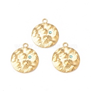 304 Stainless Steel Rhinestone Pendants, Textured, Flat Round Charm, Real 18K Gold Plated, 18x15x2mm, Hole: 1.8mm(STAS-A075-04G)