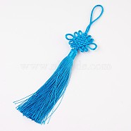 Polyester Tassel Pendant Decorations, Chinese Knots, Deep Sky Blue, 200~220x47~53mm(AJEW-WH0049-A04)