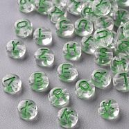 Transparent Clear Acrylic Beads, Horizontal Hole, Flat Round with Random Letter, Sea Green, 7x4mm, Hole: 1.6mm, about 3700pcs/500g(MACR-N008-44B)