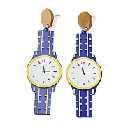 Sparkling Acrylic Watch Dangle Stud Earrings with 304 Stainless Steel Pins, Royal Blue, 86x26.5mm(EJEW-C063-01D)