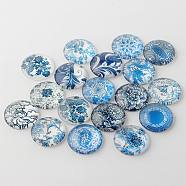 Blue and White Floral Printed Glass Cabochons, Half Round/Dome, Steel Blue, 30x7mm(GGLA-A002-30mm-XX)