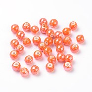 Pearlized Handmade Porcelain Round Beads, Coral, 6mm, Hole: 1.5mm(X-PORC-S489-6mm-07)